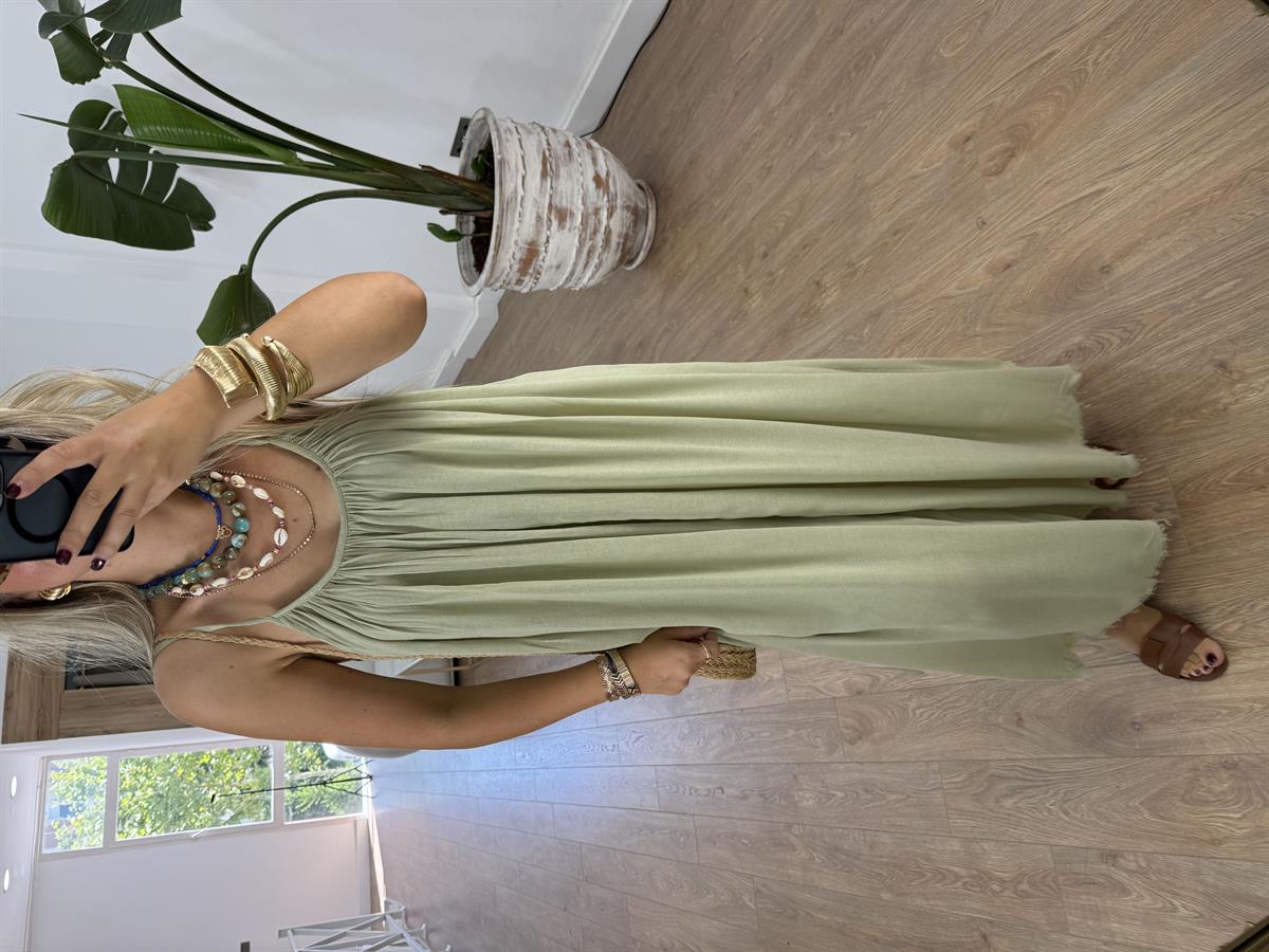 Astarlı İnce Askılı Salaş Elbise-Yeşil