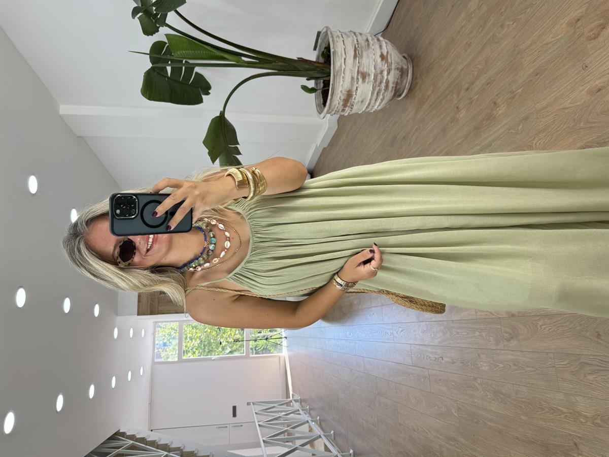 Astarlı İnce Askılı Salaş Elbise-Yeşil