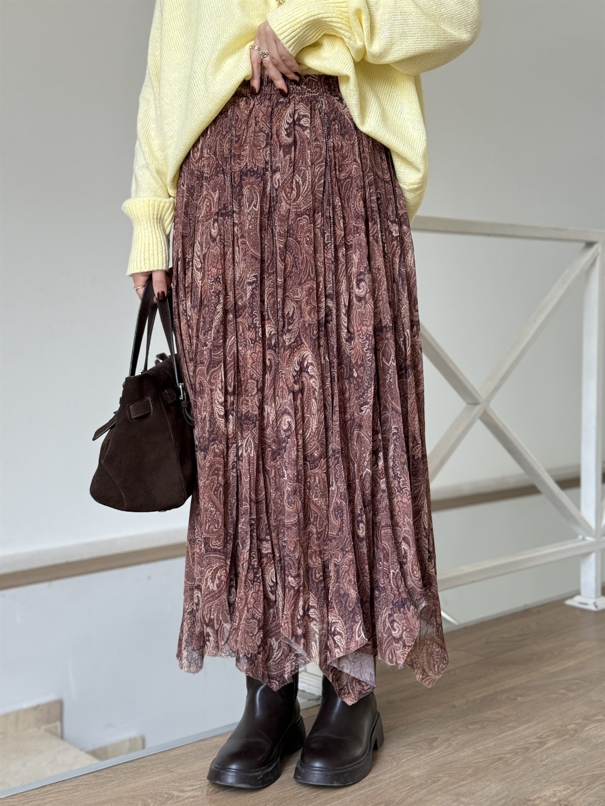 Astarlı Şal Desen Maxi Şifon Etek - Kahverengi