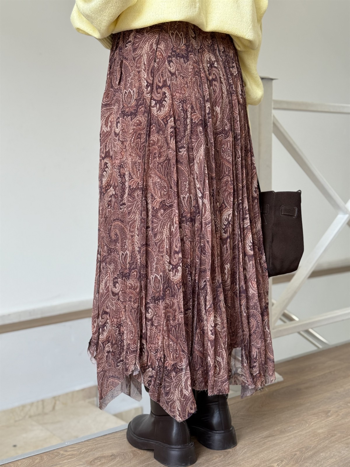 Astarlı Şal Desen Maxi Şifon Etek - Kahverengi