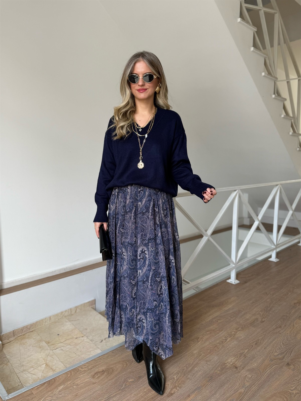 Astarlı Şal Desen Maxi Şifon Etek - Lacivert