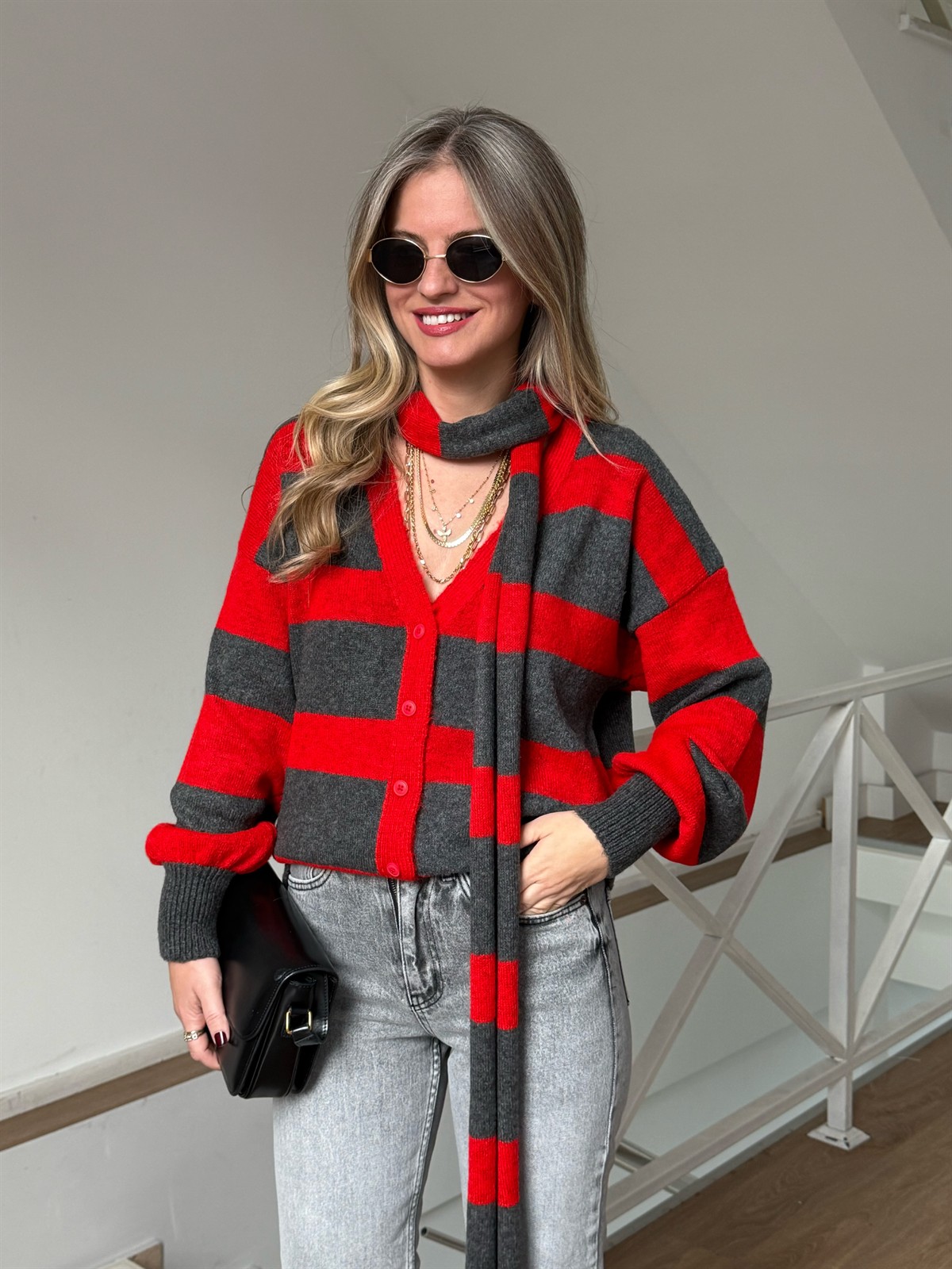 Atkılı Triko Hırka - Kırmızı/Gri