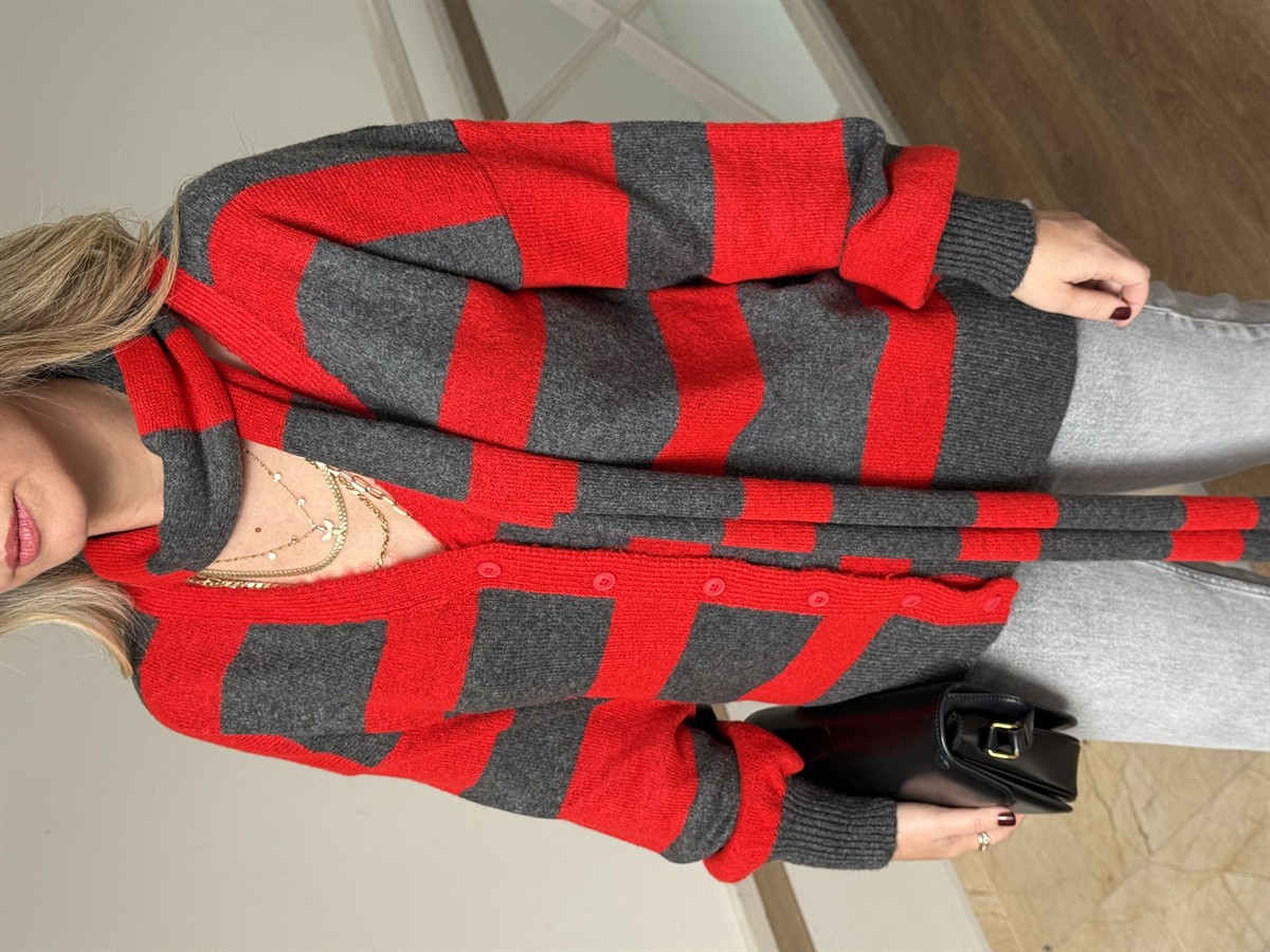 Atkılı Triko Hırka - Kırmızı/Gri