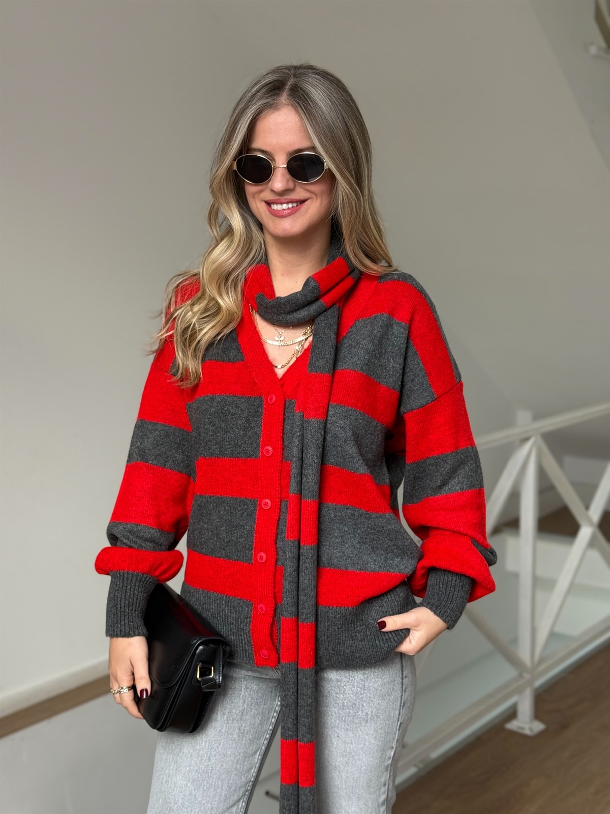 Atkılı Triko Hırka - Kırmızı/Gri