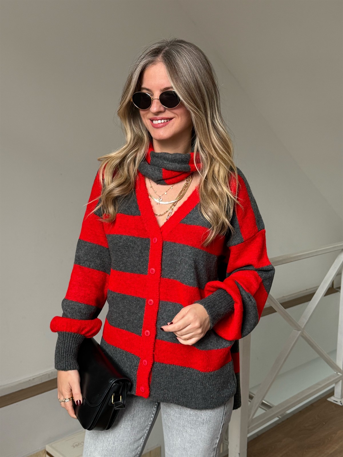 Atkılı Triko Hırka - Kırmızı/Gri