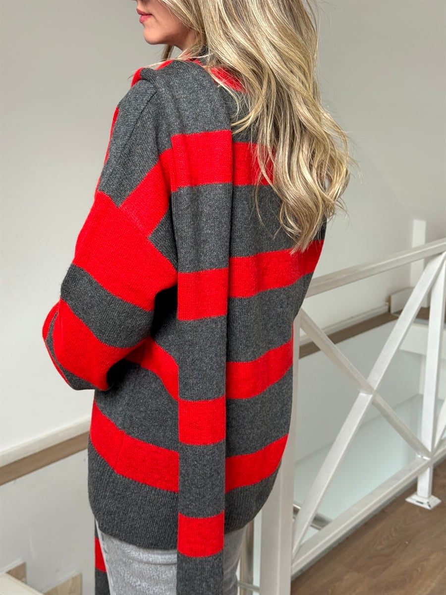 Atkılı Triko Hırka - Kırmızı/Gri