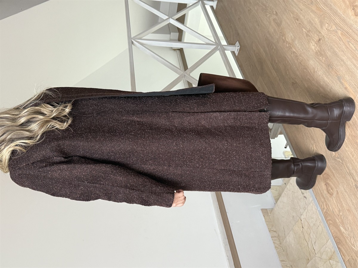 Atkılı Yünlü Kaban - Kahverengi