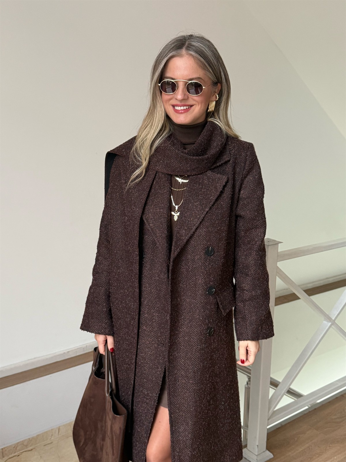 Atkılı Yünlü Kaban - Kahverengi