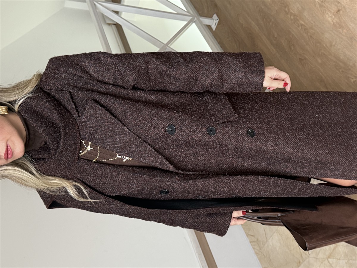 Atkılı Yünlü Kaban - Kahverengi