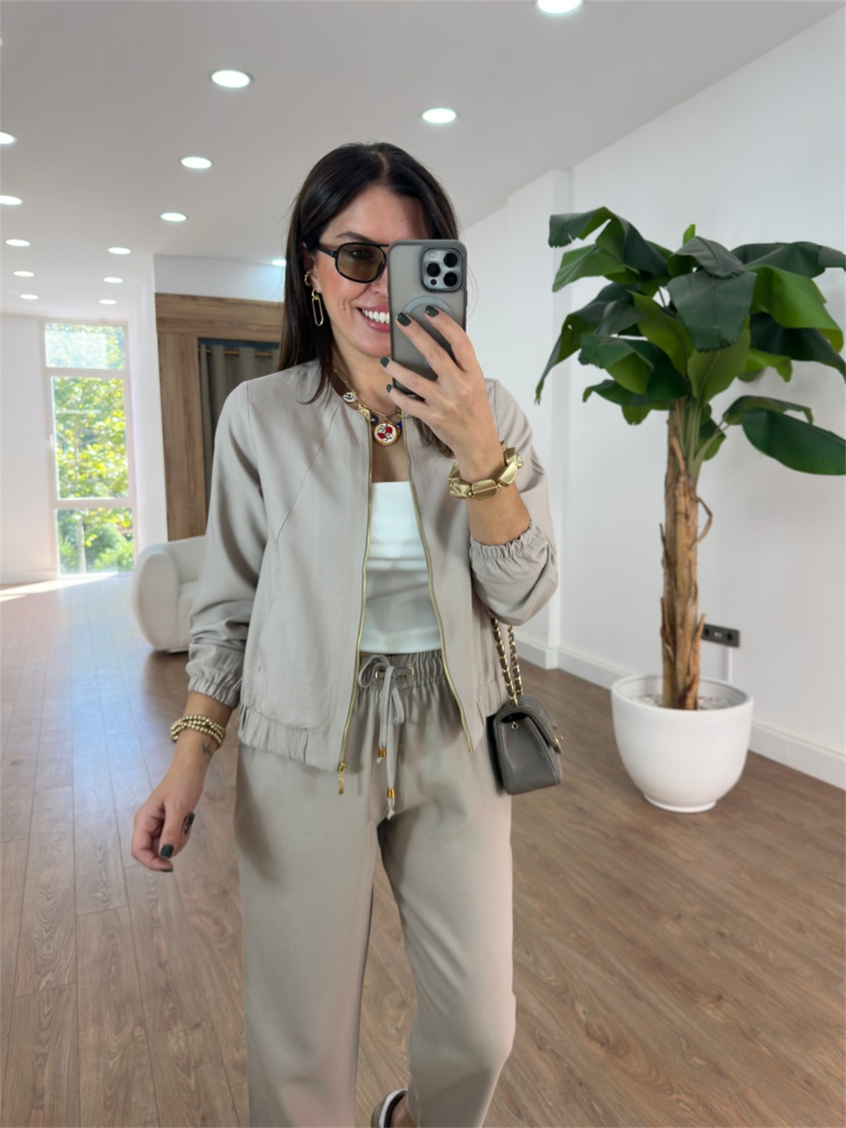 Fermuarlı Pantolon Ceket Takım - Taş