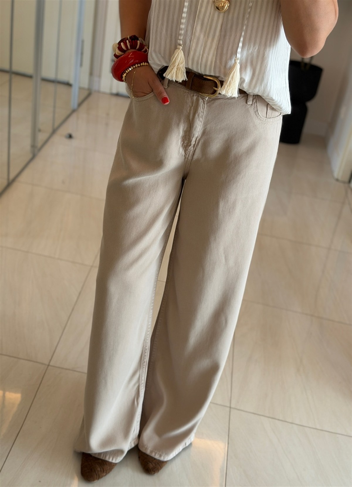 Premium Tensel Palazzo Denim Pantolon - Taş