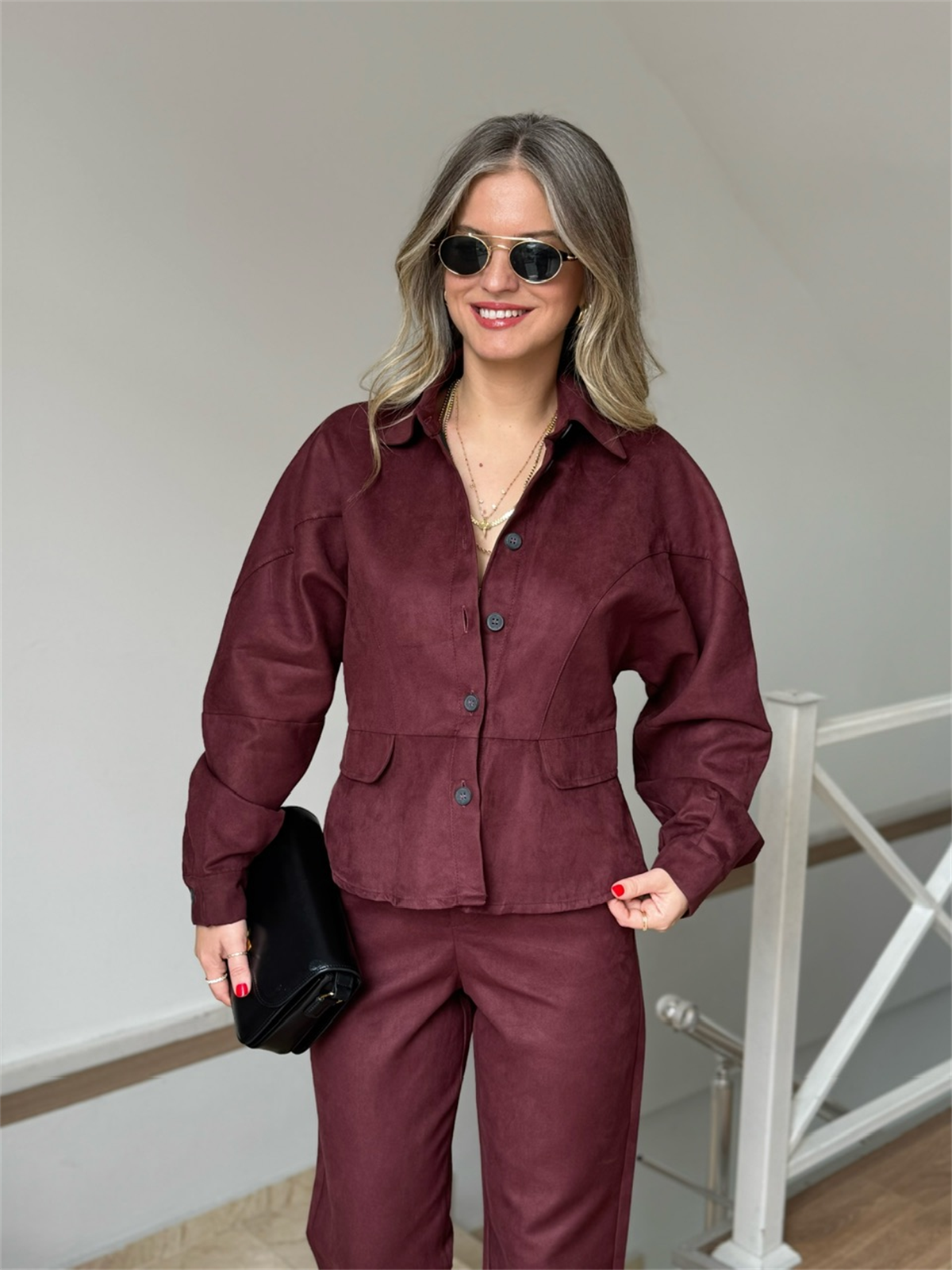 Önü Düğmeli Süet Pantolon Gömlek Takım - Bordo