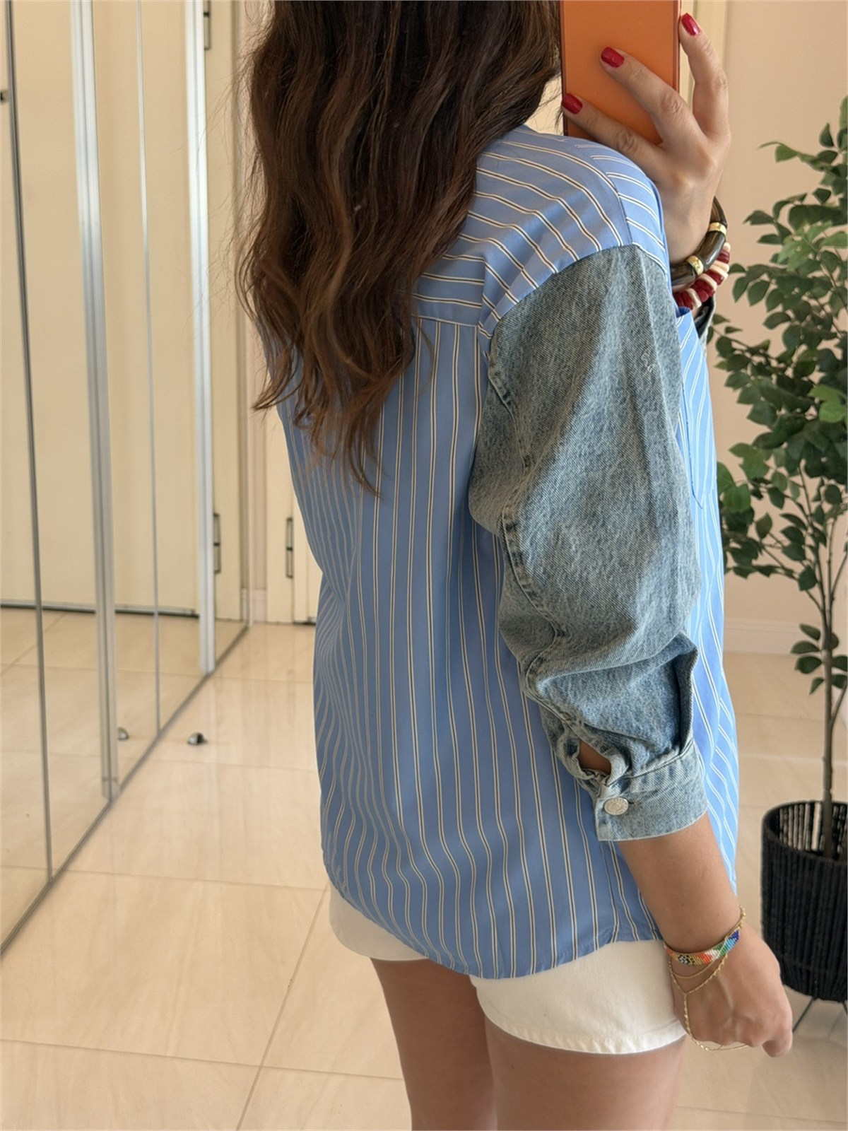 Çizgili Poplin Denim Mix Gömlek - Mavi