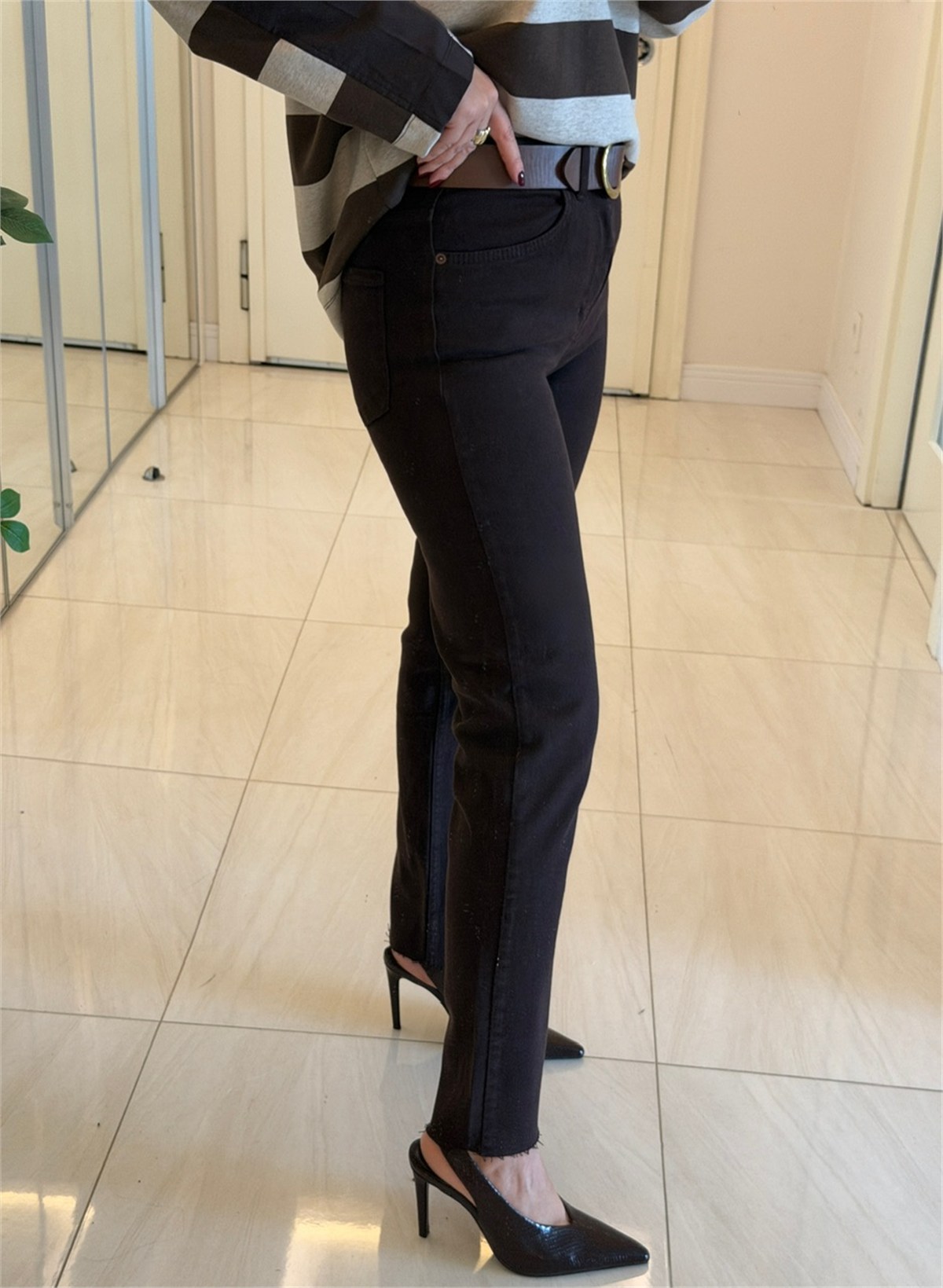 Likralı Kesik Paça Boyfit Jean-Kahve