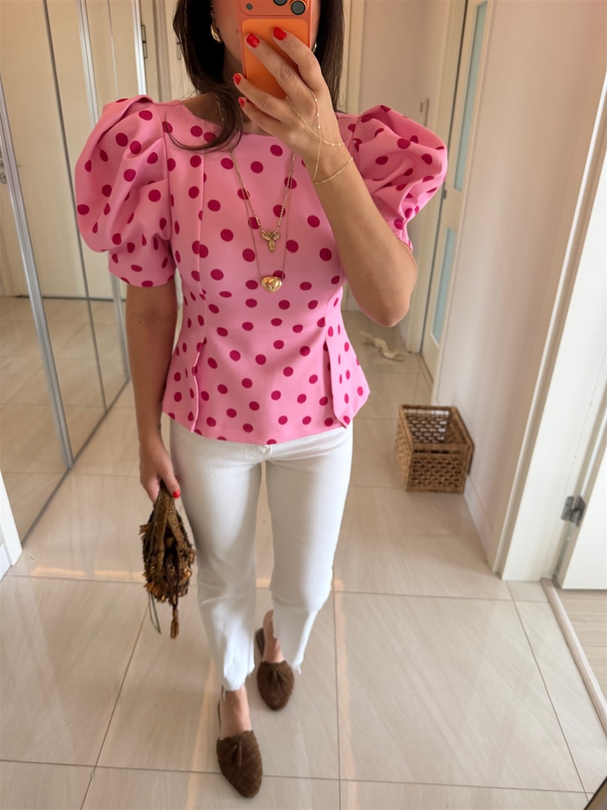 Karpuz Kol Puantiye Detay Bluz - Pembe