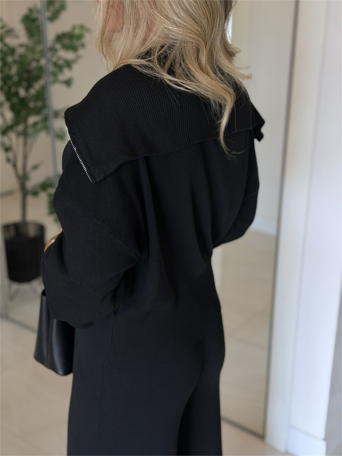 Çift Fermuarlı Likralı Premium Triko Takım - Siyah