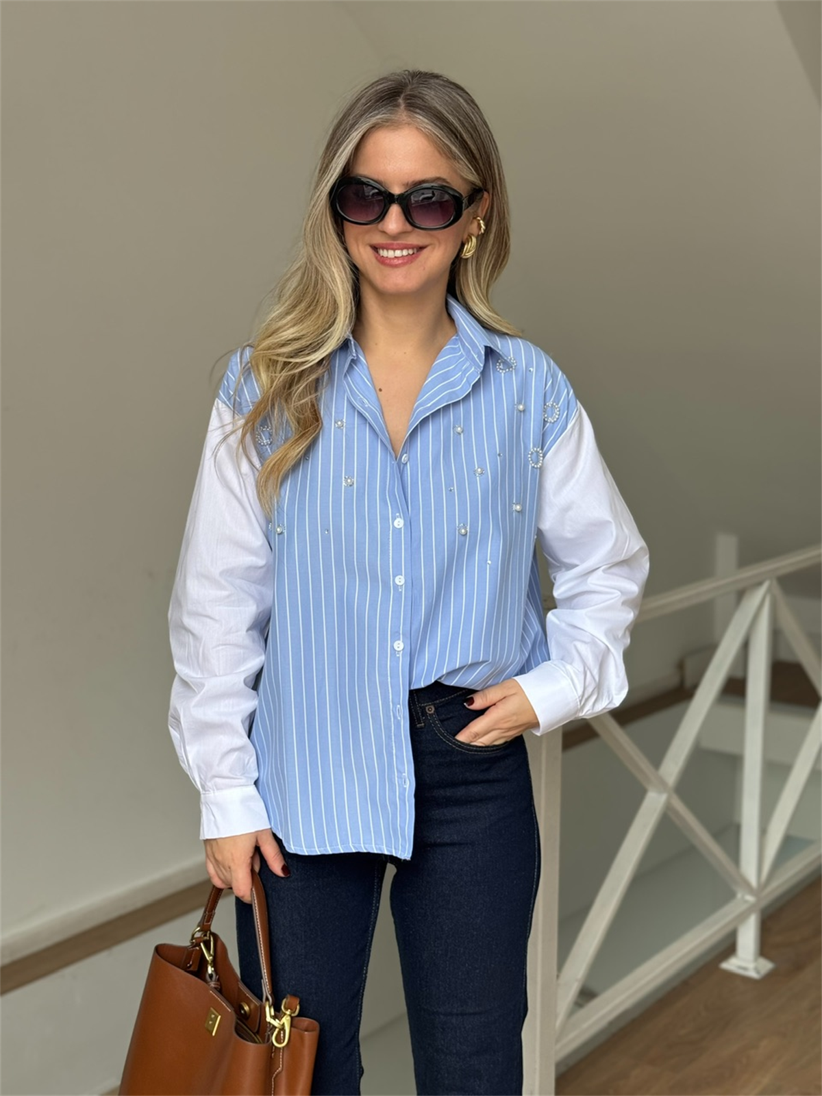 İncili Taşlı Çizgili Gömlek