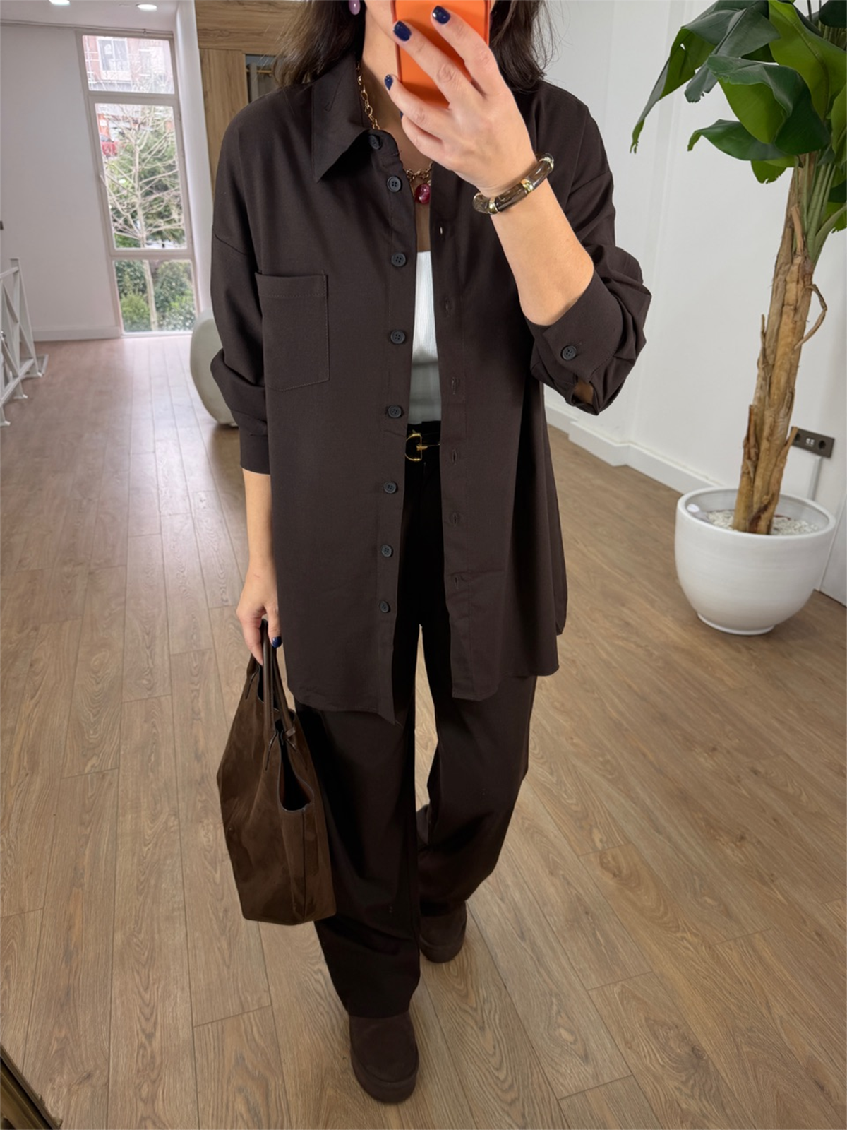 Cep Detaylı Gömlek Pantolon Takım - Kahverengi