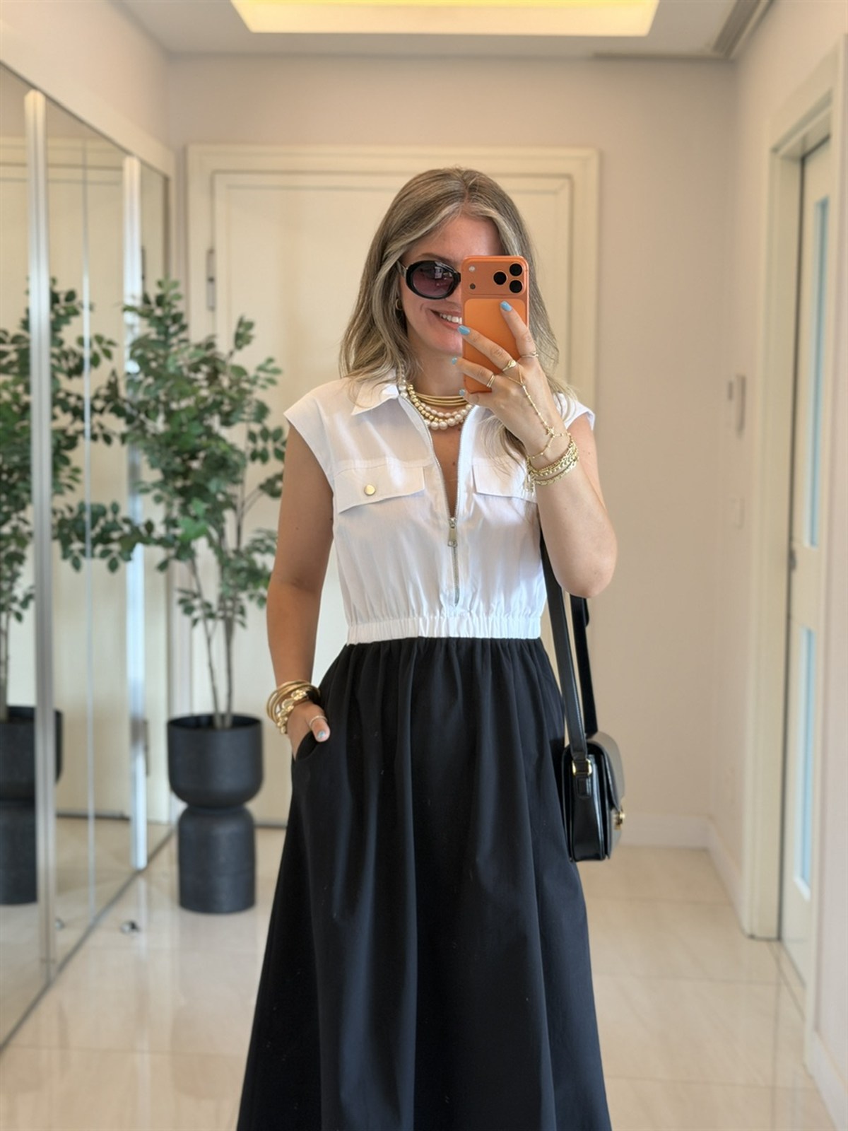 Beli Lastikli Cepli Poplin Elbise-Siyah