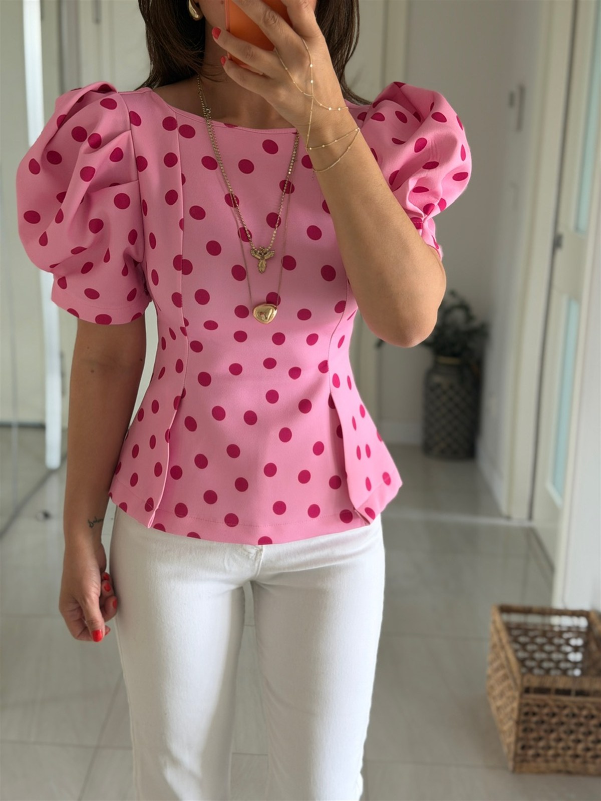 Karpuz Kol Puantiye Detay Bluz - Pembe