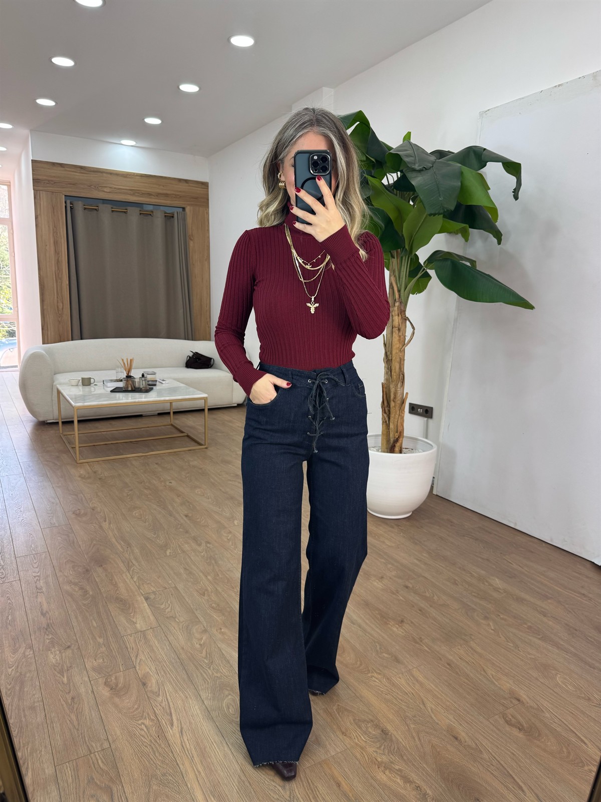 Bağcık Detaylı Denim Pantolon