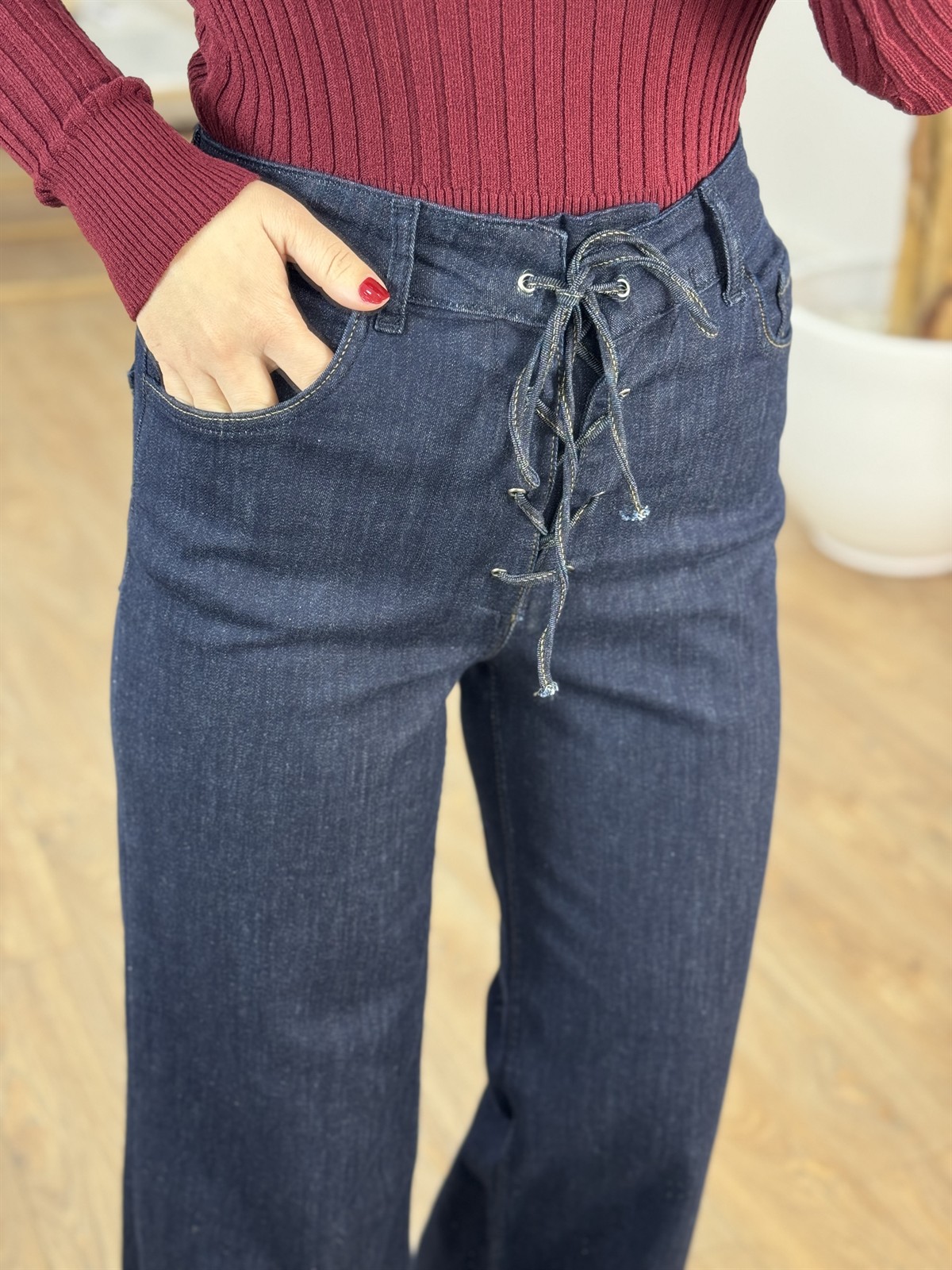 Bağcık Detaylı Denim Pantolon