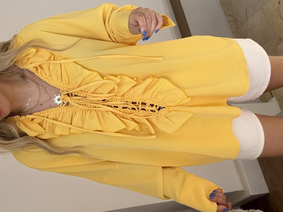 Bağcık Detaylı Fırfırlı Gömlek - Sarı 