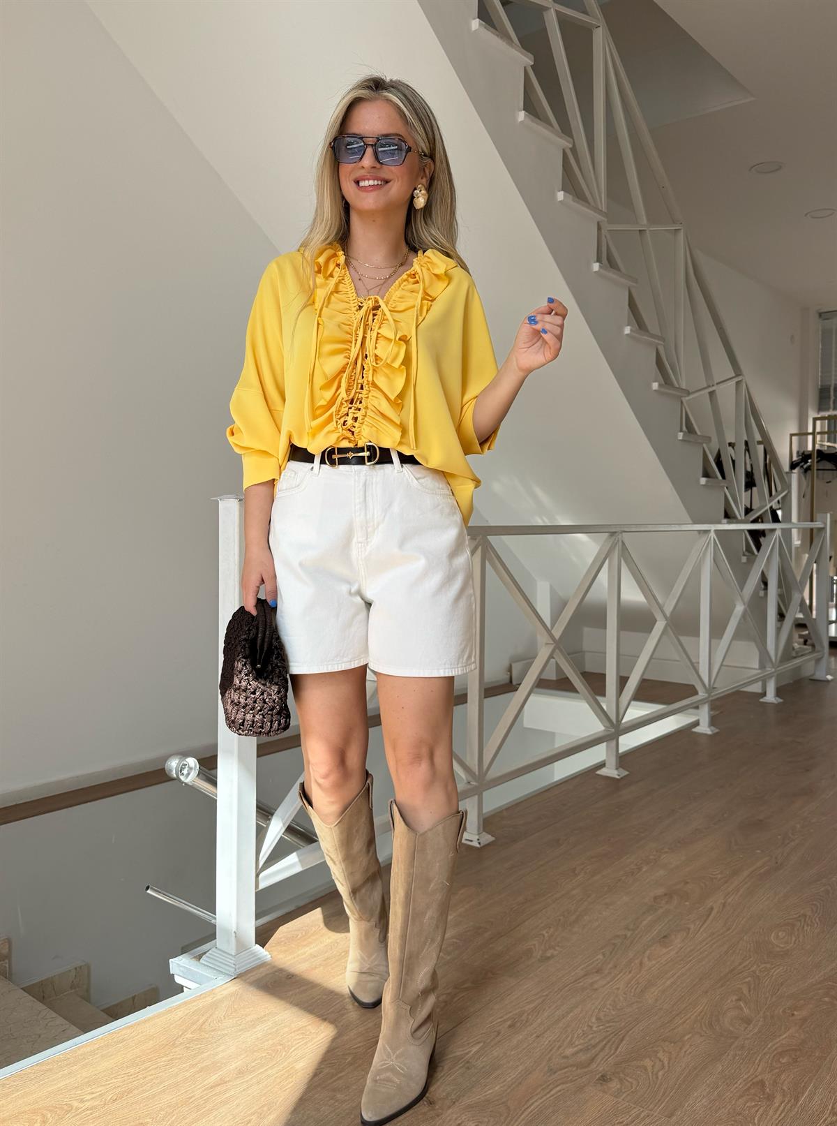 Bağcık Detaylı Fırfırlı Gömlek - Sarı 