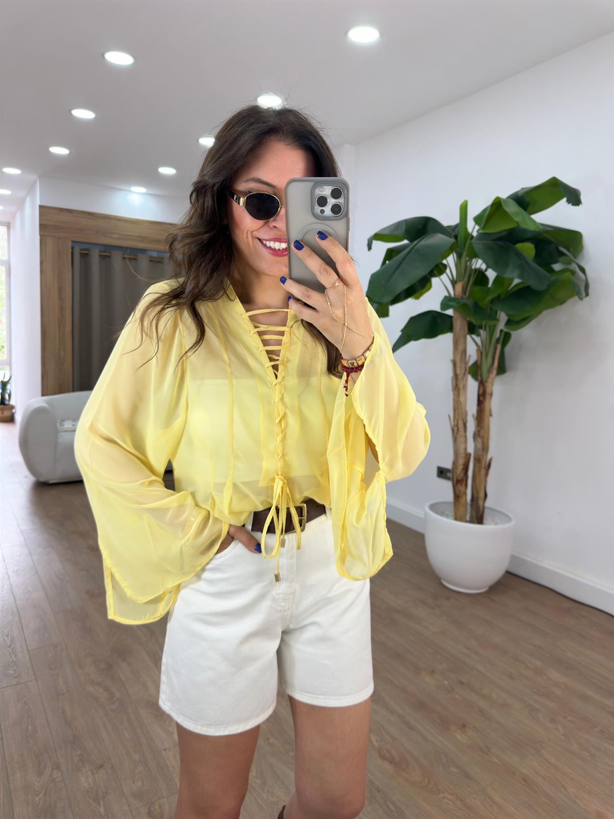 Bağcıklı Yarasa Kol Tül Bluz 