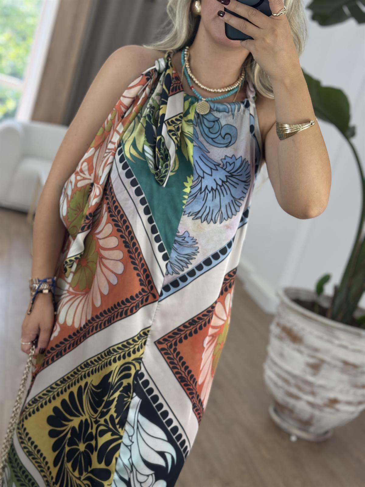 Bağlama Detay Şal Desen Elbise