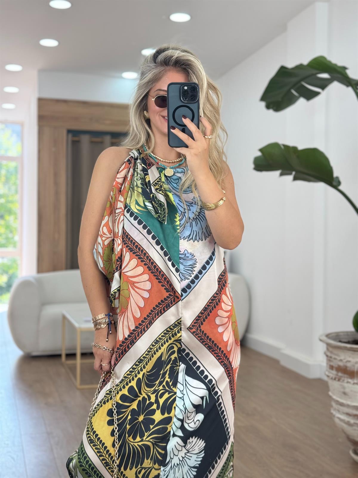 Bağlama Detay Şal Desen Elbise