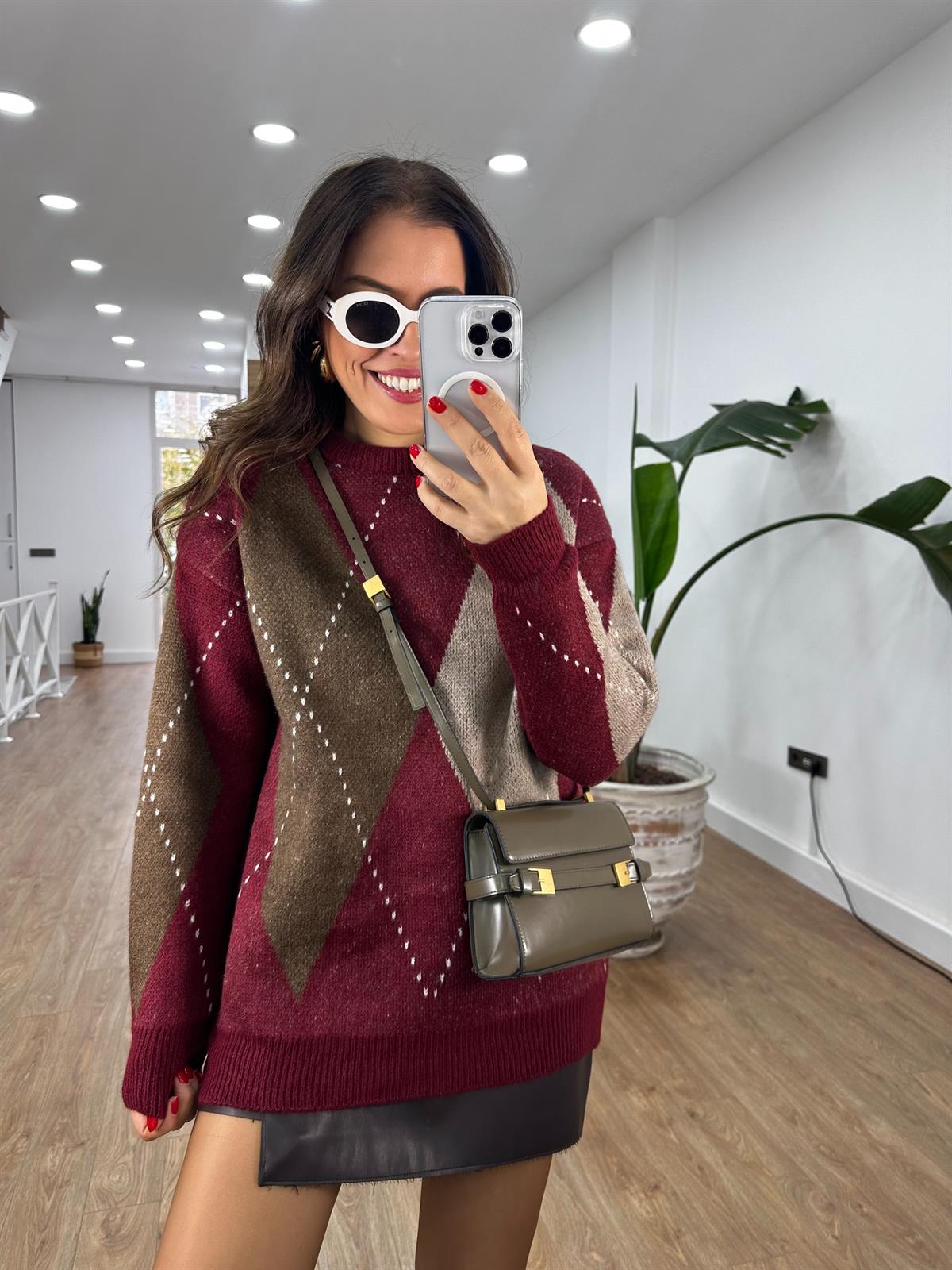 Baklava Desen Oversize Kazak - Bordo 