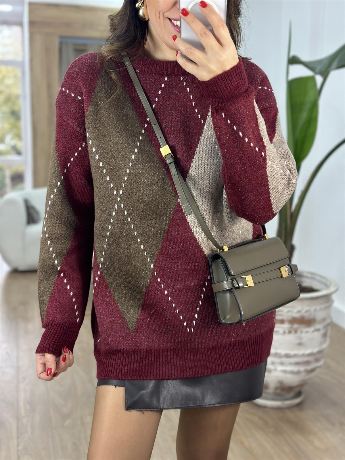 Baklava Desen Oversize Kazak - Bordo 