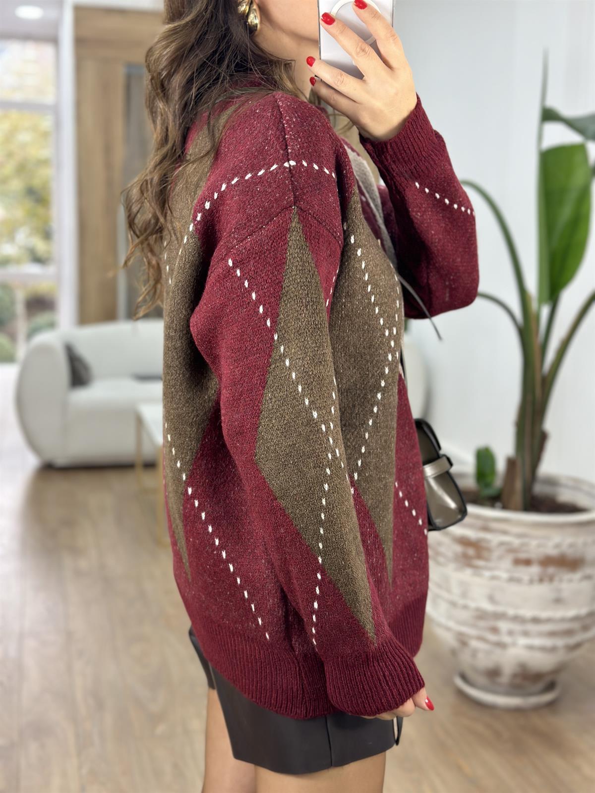 Baklava Desen Oversize Kazak - Bordo 