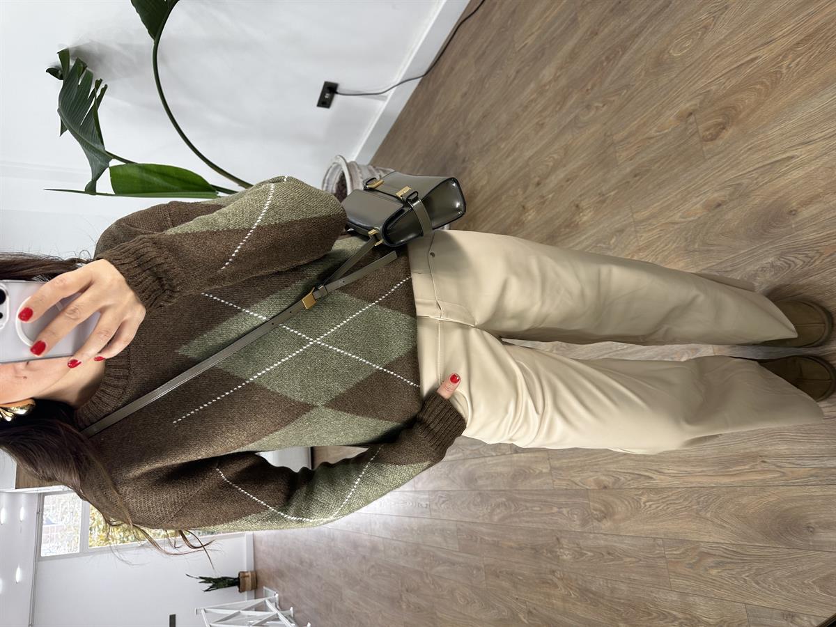 Baklava Desen Oversize Kazak - Kahverengi Yeşil  