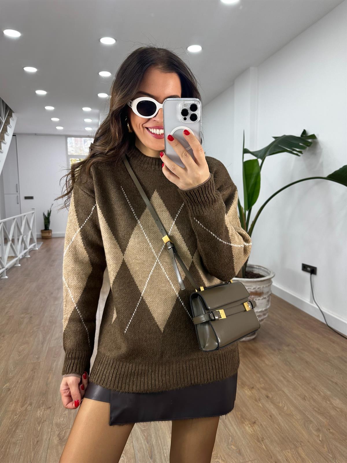 Baklava Desen Oversize Kazak - Kahverengi Bej 