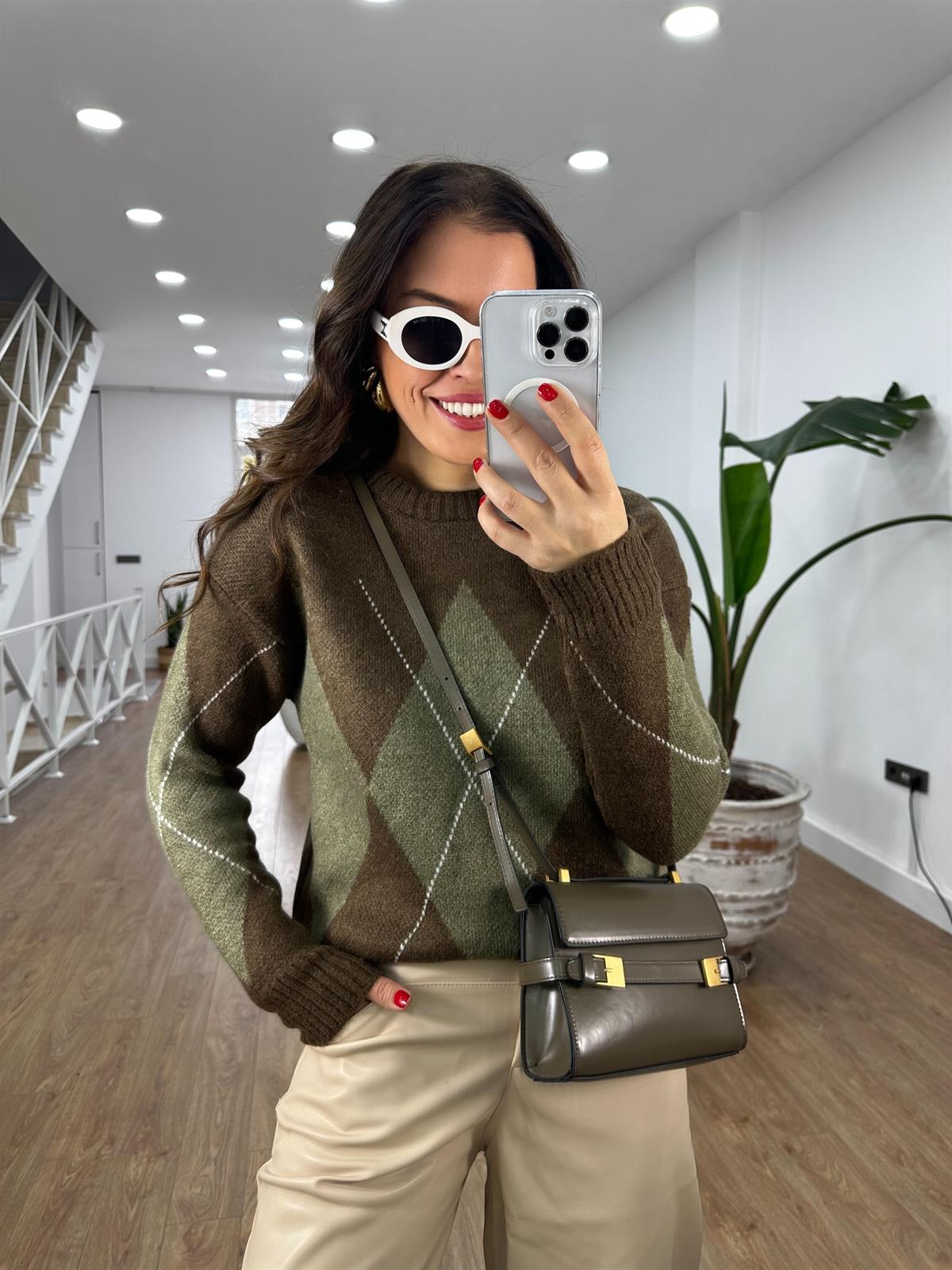 Baklava Desen Oversize Kazak - Kahverengi Yeşil  