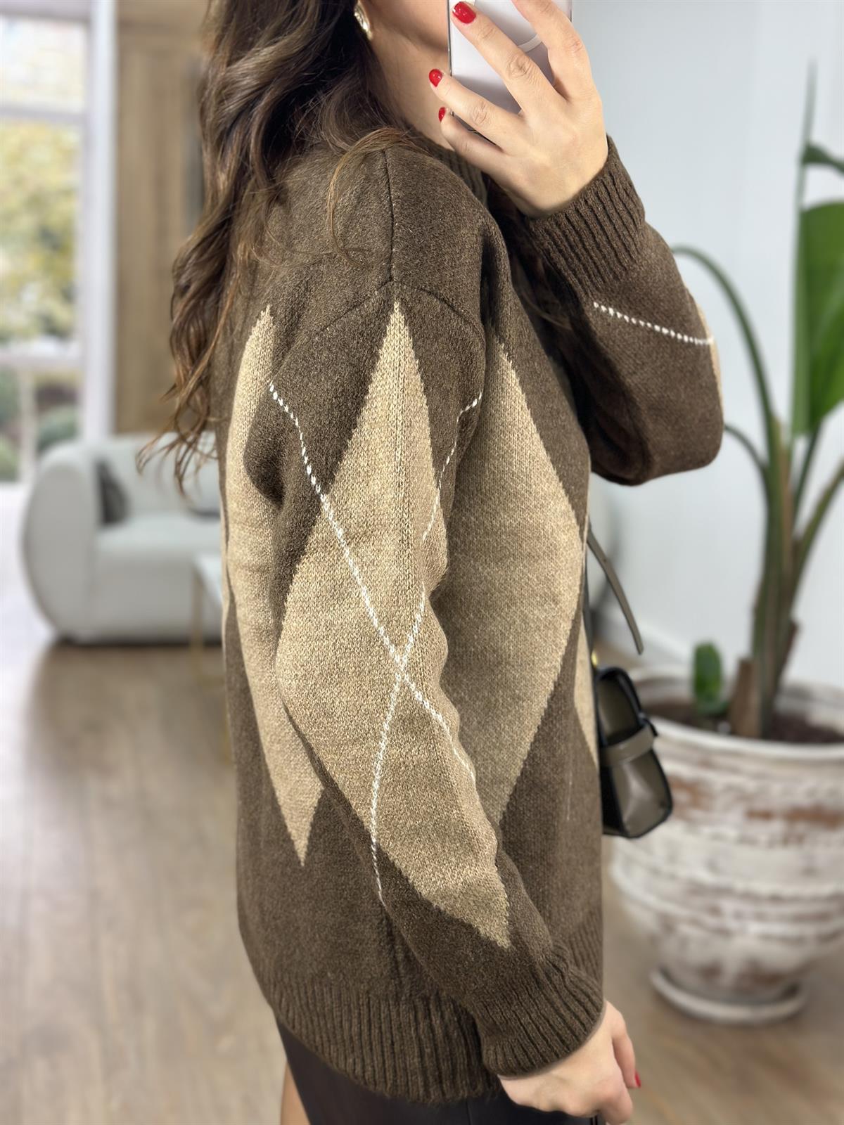 Baklava Desen Oversize Kazak - Kahverengi Bej 