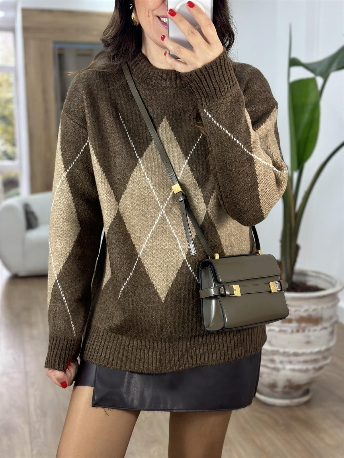 Baklava Desen Oversize Kazak - Kahverengi Bej 