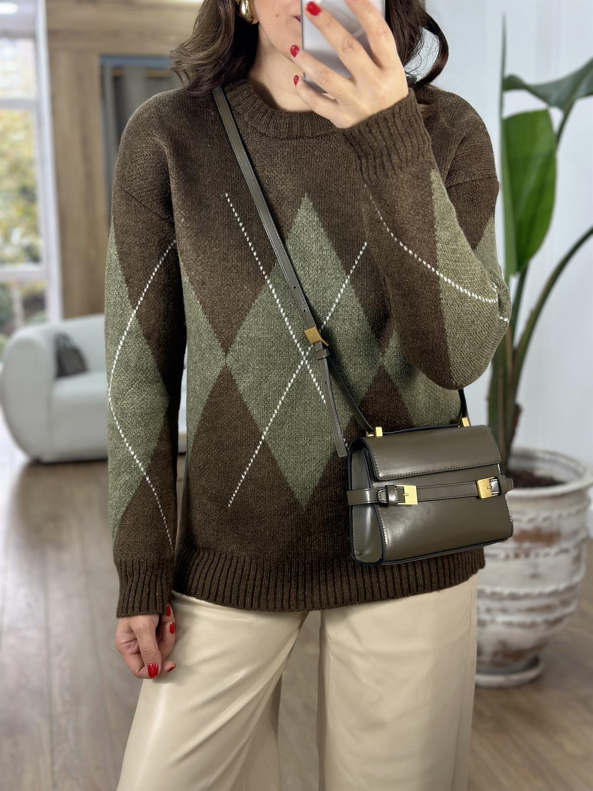 Baklava Desen Oversize Kazak - Kahverengi Yeşil  