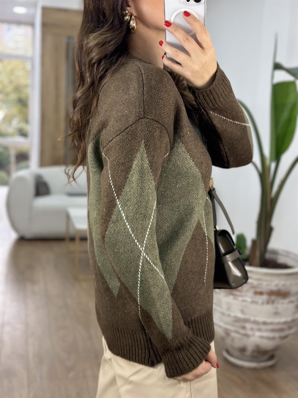 Baklava Desen Oversize Kazak - Kahverengi Yeşil  