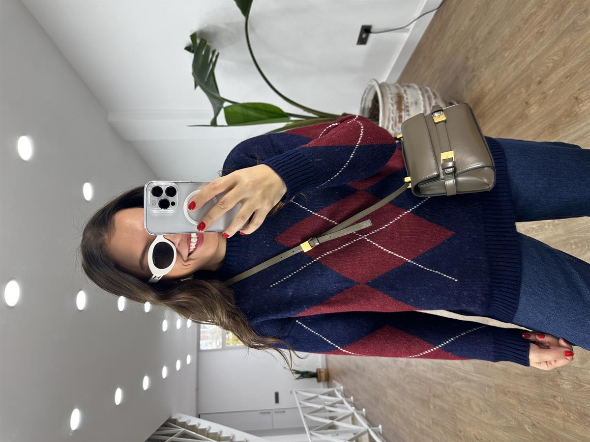 Baklava Desen Oversize Kazak - Lacivert 