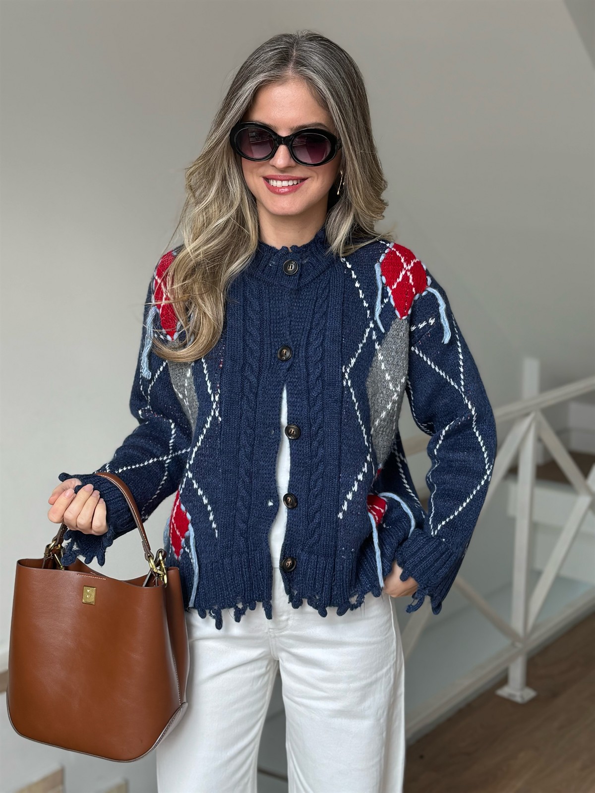 Baklava Desen Saçaklı Hırka 