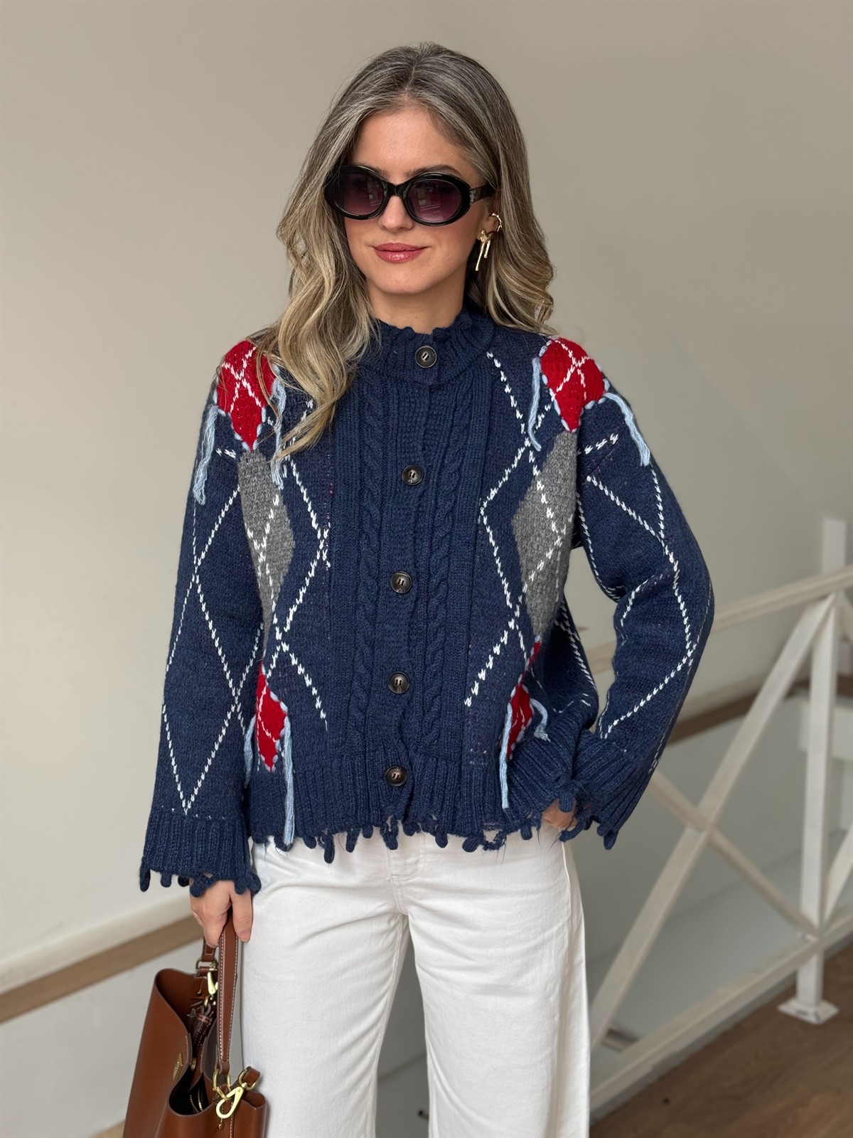 Baklava Desen Saçaklı Hırka 