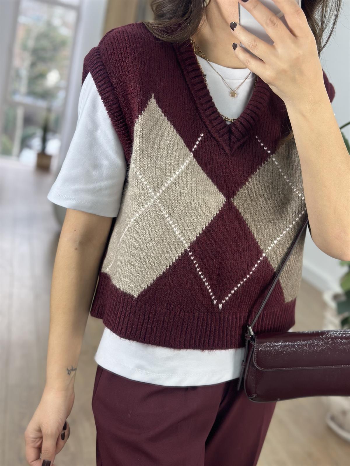 Baklava Desen Süveter - Bordo