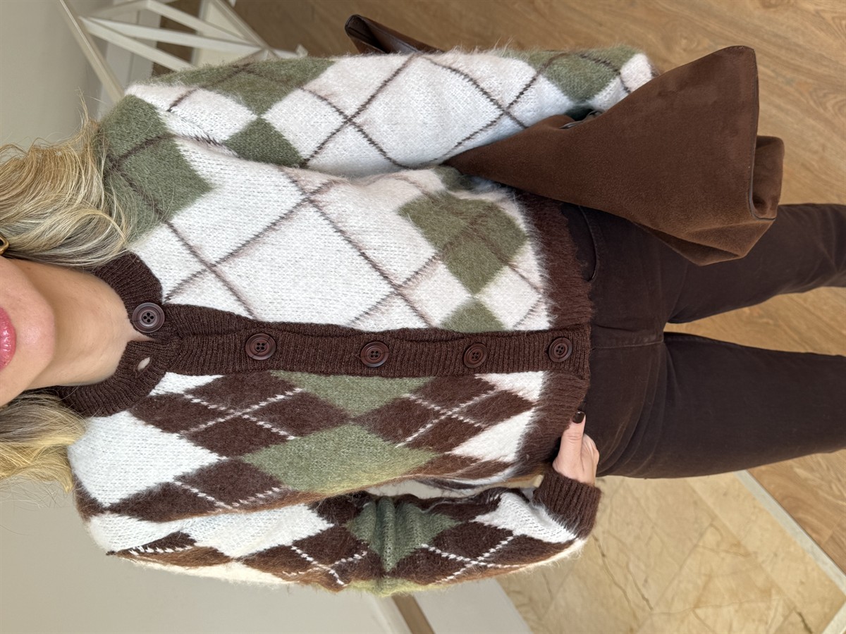 Baklava Desen Tüylü Triko Hırka - Kahve / Haki