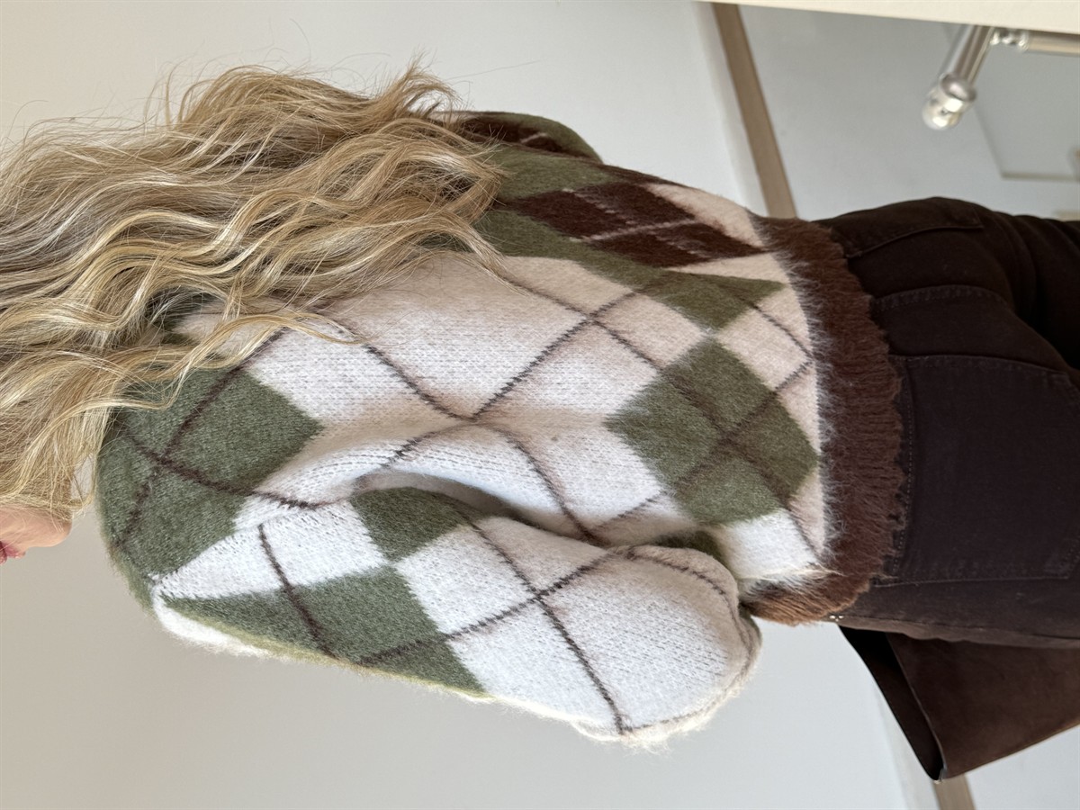 Baklava Desen Tüylü Triko Hırka - Kahve / Haki