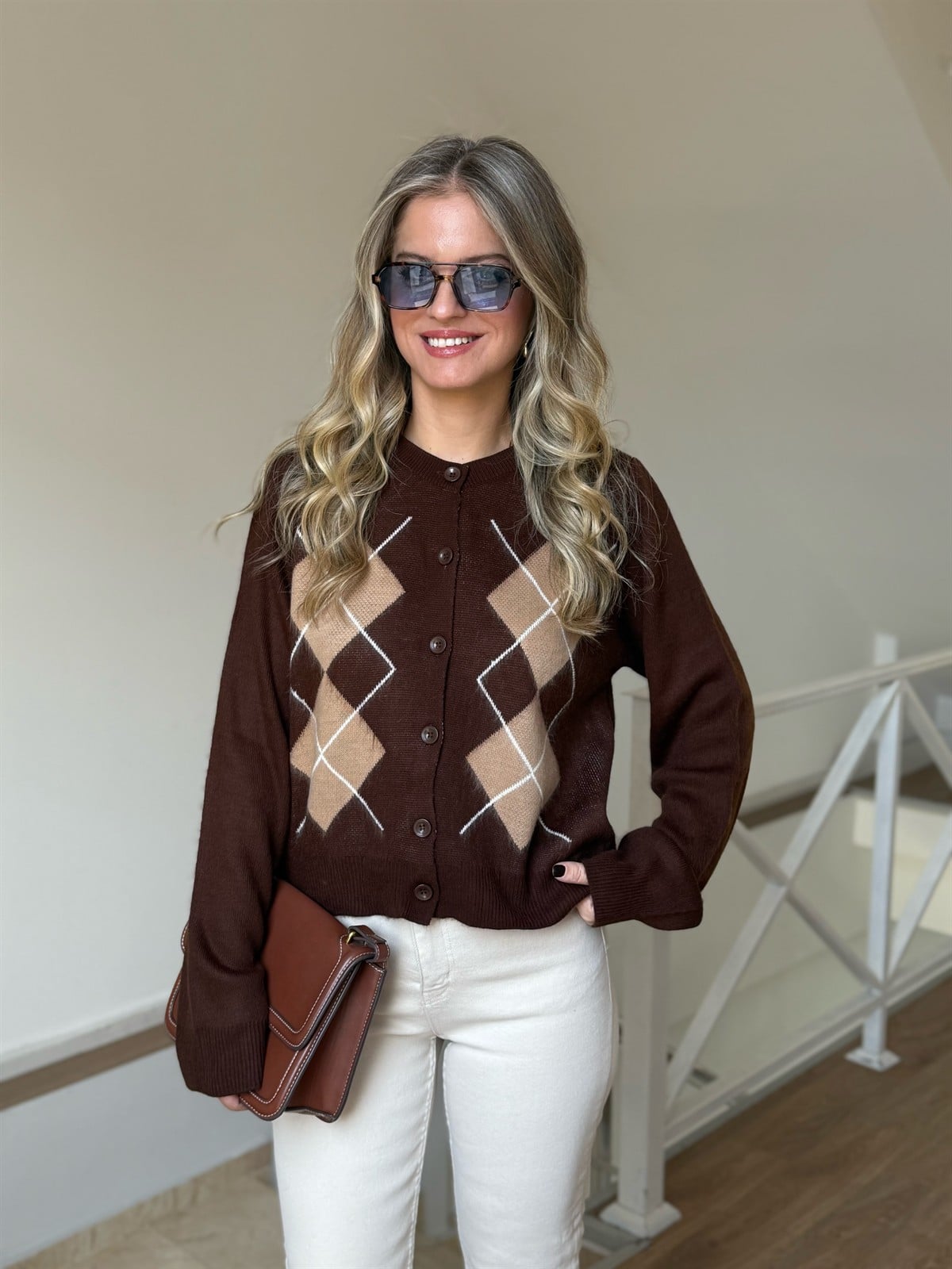 Baklava Desen Önü Düğmeli Triko Hırka - Kahve/Kemik