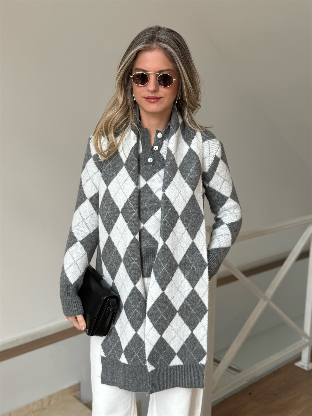 Baklava Desenli Triko Atkılı Kazak - Gri