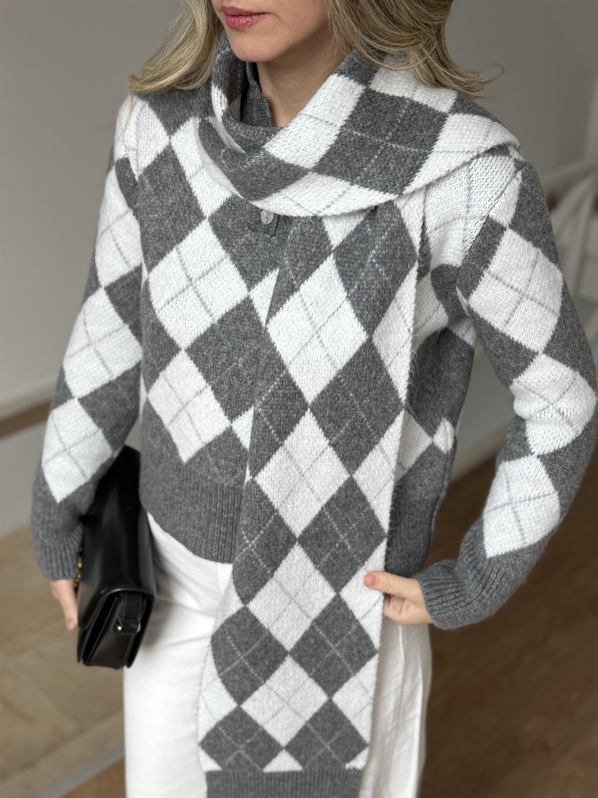 Baklava Desenli Triko Atkılı Kazak - Gri